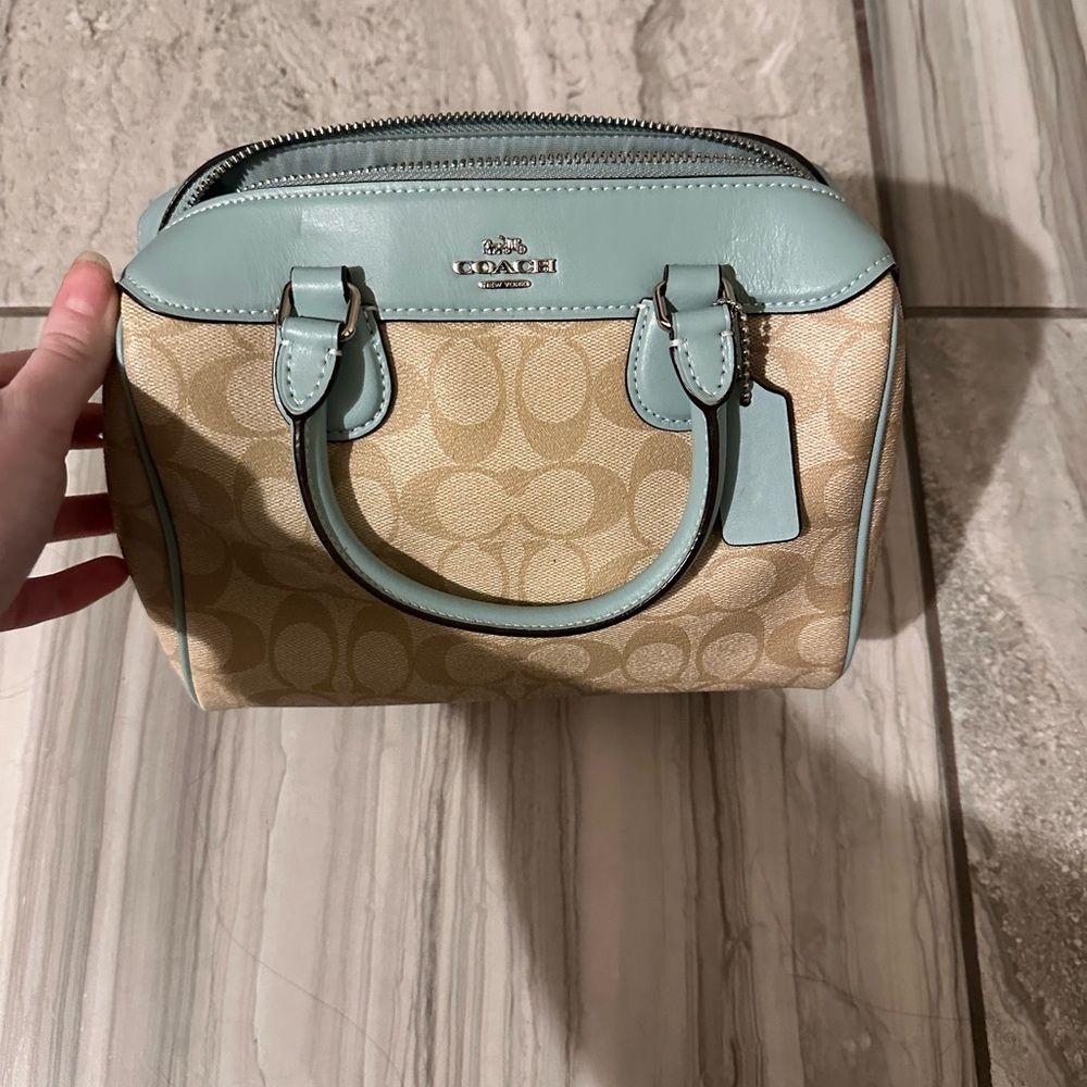 Coach Tan and Blue Satchel with Signature Monogram